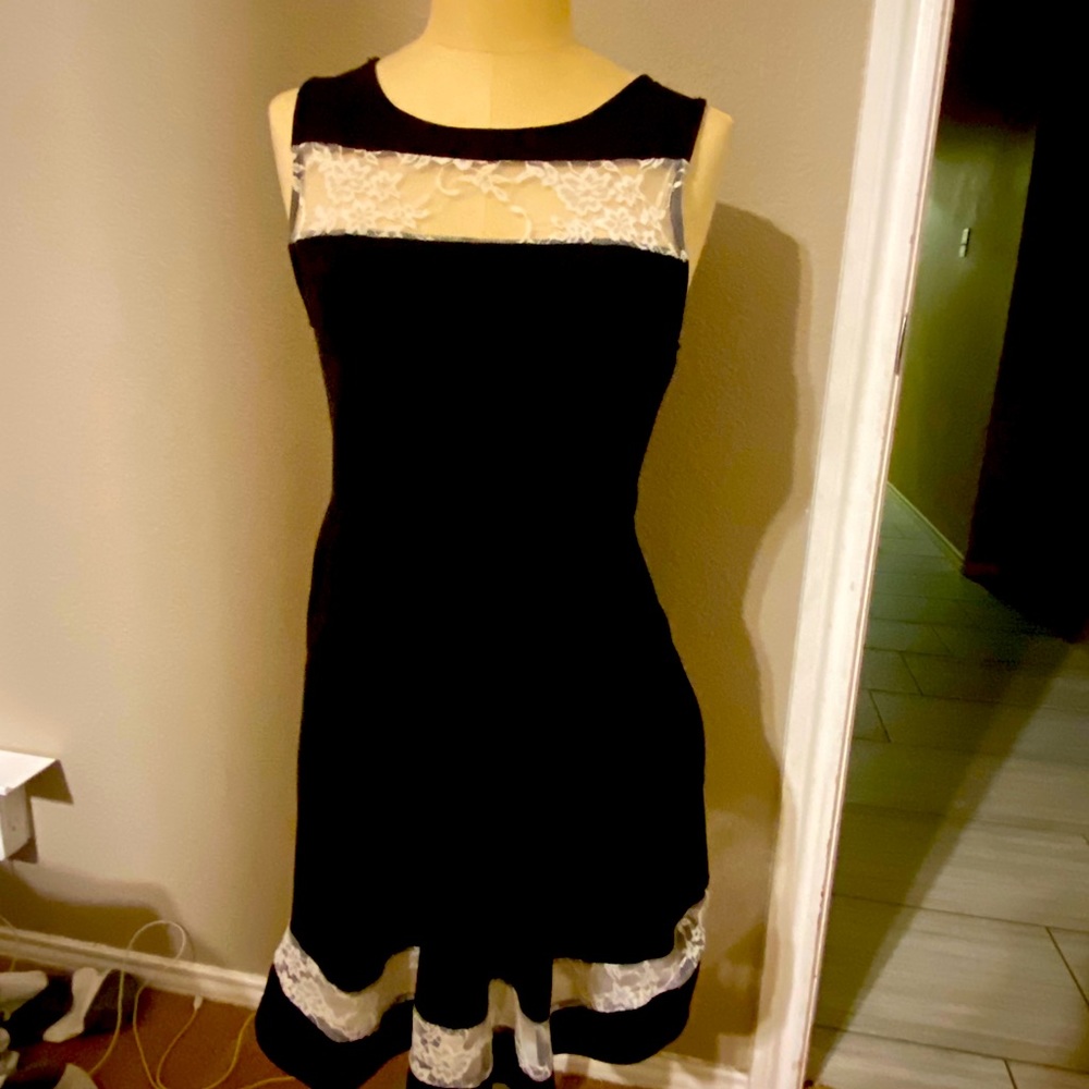 Little black dress with white lace in-lay
